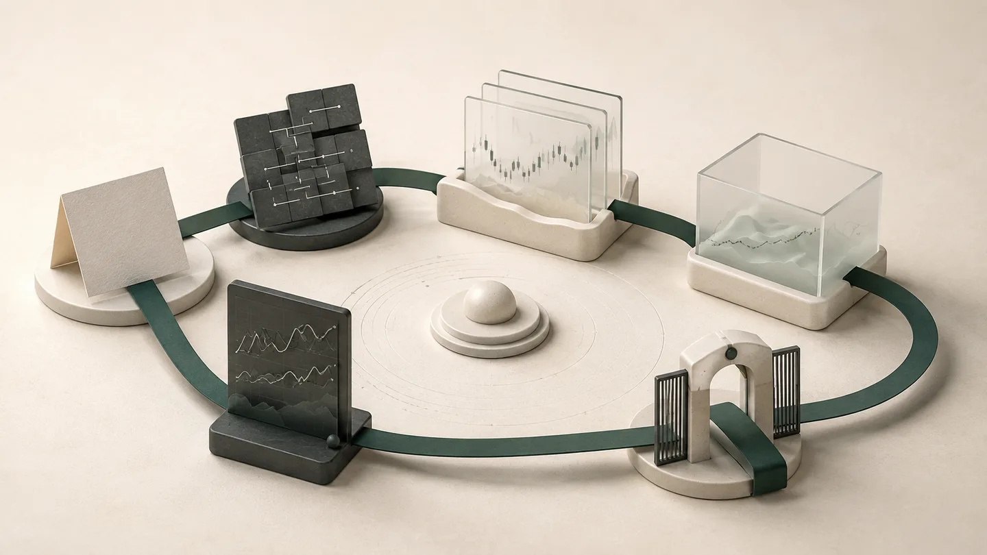 Editorial illustration of connected idea, strategy, backtesting, simulation, execution, and monitoring stations.