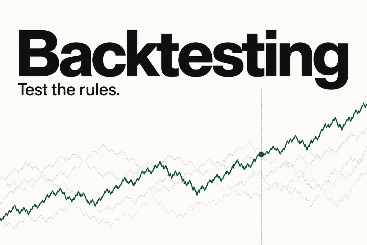 Backtesting — Test the rules. Editorial cover with an abstract historical chart.