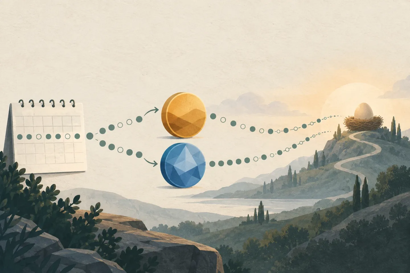 Editorial illustration of weekly contributions flowing into two abstract crypto assets along a long-term planning horizon.