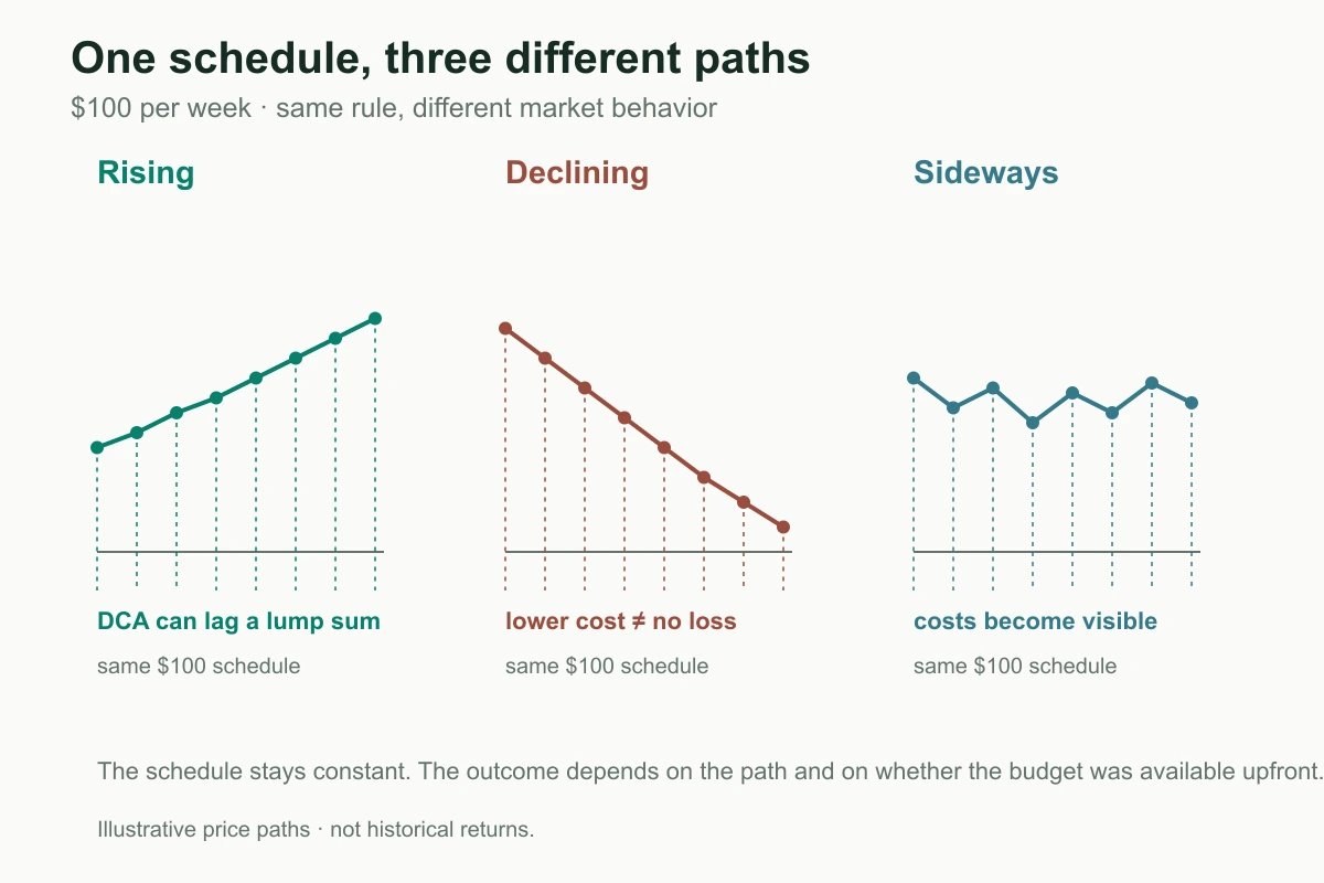 Three constructed BTC paths under the same $100-per-week DCA schedule: rising, declining, and sideways.