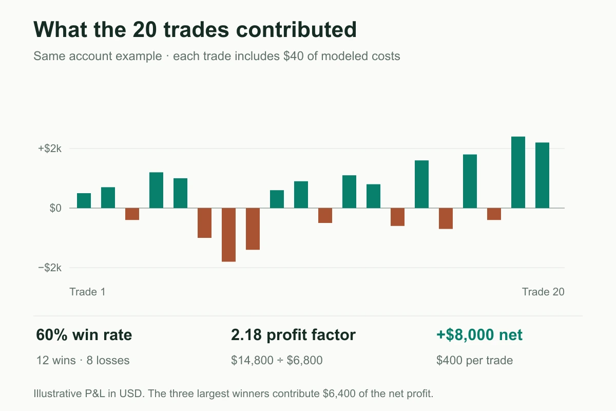 Twenty illustrative closed trades from the same account example: twelve wins, eight losses, and $8,000 of combined net P&L.